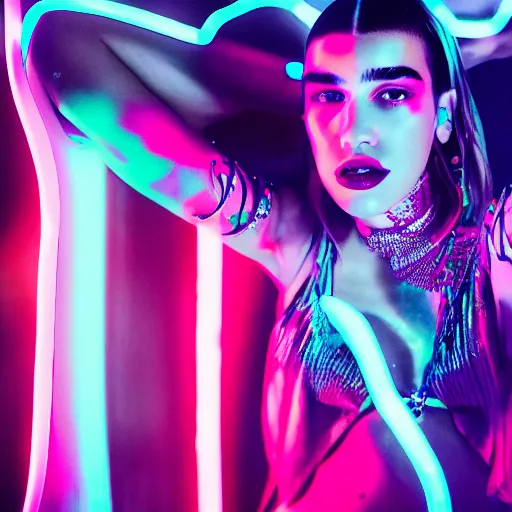 Image similar to close up studio photography dua lipa concert neon lights vogue