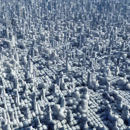 Image similar to A bird's-eye view of the city made of white mushrooms, unreal engine, HD, photo