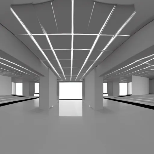 Image similar to inside a large cubic white room with, 3 d perspective, virtual reality