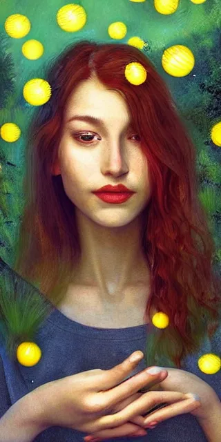 Image similar to young woman, smiling, amazed by golden fireflies lights, sitting in the midst of nature fully covered, long loose red hair, intricate linework, green eyes, small nose with freckles, oval shape face, realistic, expressive emotions, dramatic lights, spiritual scene, hyper realistic ultrafine art by cecco del caravaggio and albert bierstadt and artgerm