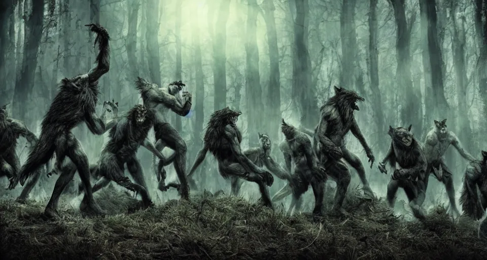 Image similar to an epic action photorealistic masterpiece of a pack of werewolves, in a forest made of nightmares, horrific digital art, extremely moody lighting, style of chippy