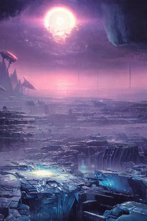 Prompt: a city in an icy landscape, cosmic sky sci - fi vivid by bruce pennington, greg rutkowski