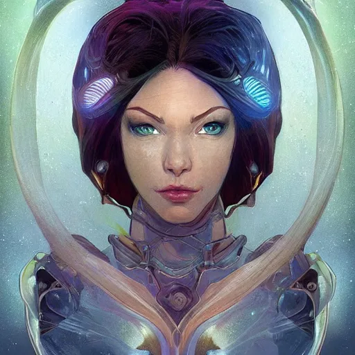 Image similar to cyborg, female, fantasy, bioluminiscence, flowing hair, portrait, highly detailed, digital painting, beautiful eyes, symmetry, concept art, sharp focus, illustration, art by artgerm and greg rutkowski and magali villeneuve and ilya kuvshinov! : : alphonse mucha : : - 0. 2