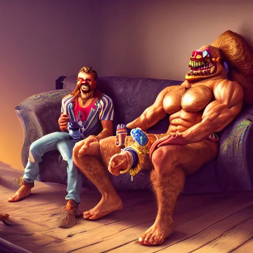 Image similar to intricate beautiful hyperreal portrait of grog strongjaw and pike trickfoot, smiling softly, casual clothes, relaxing on the couch, home interior, golden hour, close up shot, 8 k, art by irakli nadar, hyperrealism, hyperdetailed, ultra realistic