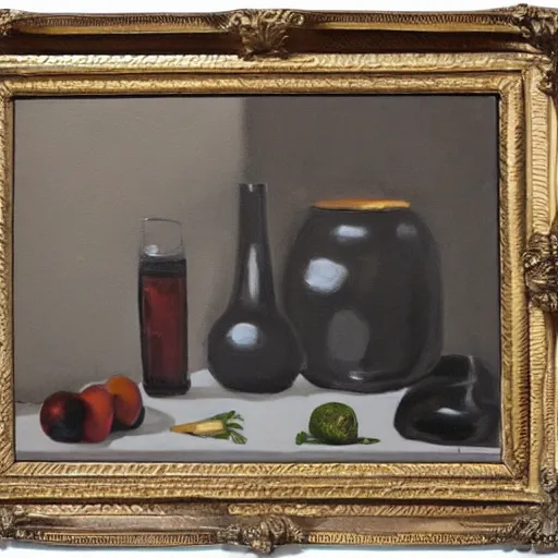 Prompt: a monochromatic nature morte painting in a flashy frame
