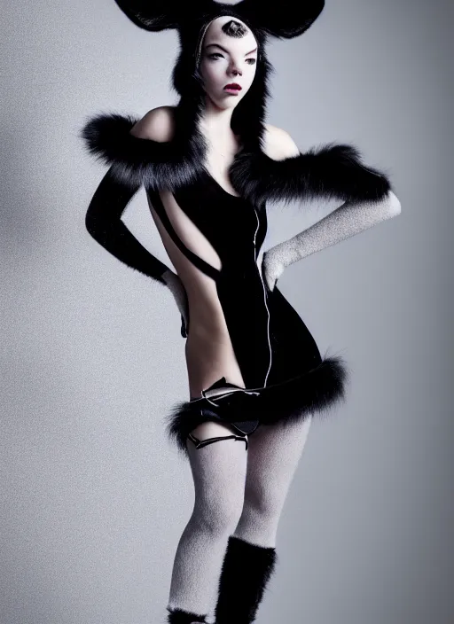 Image similar to full body environmental portrait photo of dressed catgirl anya taylor - joy, cat ears, fur, glamour shot by gemmy woud - binnendijk, chris knight, photorealistic, canon r 3, high fashion photography, elegant, luxury and elite, symmetry, octane render, unreal engine, solid dark grey background, dramatic studio lights, high fashion journal cover