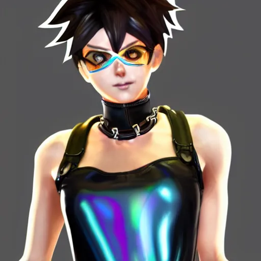 Image similar to full body digital artwork of tracer overwatch, wearing black iridescent rainbow latex tank top, 4 k, expressive happy smug expression, makeup, in style of mark arian, wearing detailed black leather collar, chains, black leather harness, leather cuffs around wrists, detailed face and eyes,