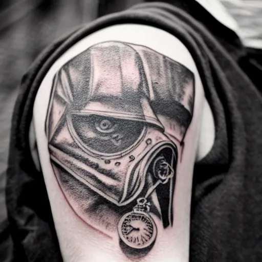 Image similar to photograph of a tatoo showing an etching of a plague doctor side shot looking at a very old pocket watch in the palm of his hand