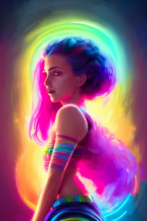 Image similar to a award winning portrait of a beautiful woman with stunning eyes in a one off shoulder crop top and cargo pants with rainbow colored hair, outlined by whirling illuminated neon lines and fine lines swirling in circles by greg rutkowski, digital art, trending on artstation