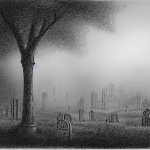 Image similar to an endless eerie graveyard with ancient tombstones, misty, thick strands of fog, catacomb in background, frame is flanked by dark trees, a shadowy ghostlike creature is visible, creepy, night, finely detailed extremely realistic black and white pencil drawing