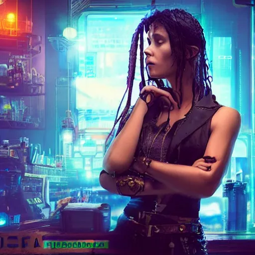 Image similar to a high quality portrait of a beautiful stunning pirate in a cyberpunk cyberpunk cyberpunk cafe, realism, 8k, award winning photo