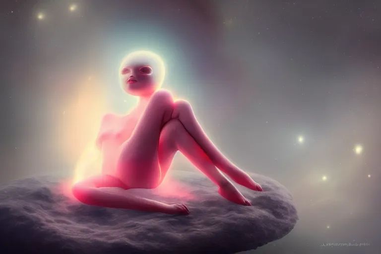 Image similar to a cute alien girl sitting on a cloud relaxing, misty, glows, digital art, hazy, foggy, red lighting, ambient lighting, 8 k,