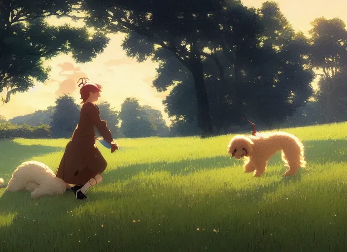 Prompt: france 1 9 2 0's, young adult playing with a goldendoodle dog on a green meadow, golden hour, finely detailed perfect art, gapmoe yandere grimdark, trending on pixiv fanbox, painted by greg rutkowski makoto shinkai takashi takeuchi studio ghibli