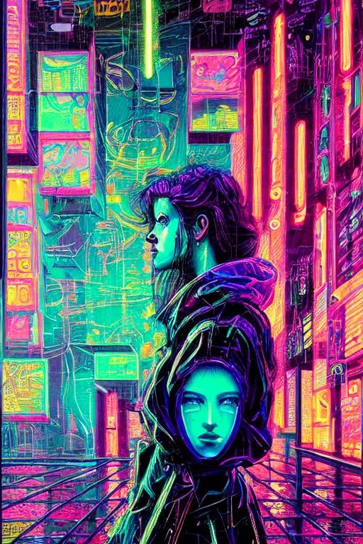 Image similar to dreamy cyberpunk girl, neon rain coat, detailed acrylic, intricate complexity, by dan mumford and by alberto giacometti, peter lindbergh