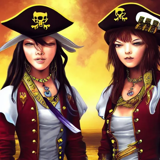 Image similar to a scene of two beautiful female pirate captains standing face to face, detailed digital art by japanese artist