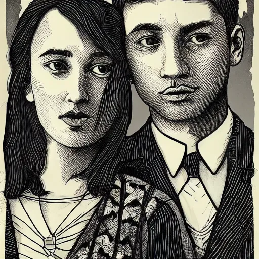 Prompt: perfectly centered symmetrical split male and female portrait of man and woman in love sharing one heart. illustration, highly detailed, simple, no jagged lines, smooth, artstation, artwork by ravi zupa