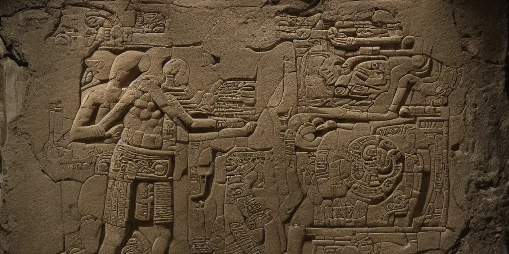 Image similar to pascal votan the space navigator as etched in stone, Mayan hieroglyph by Liam Wong and Boris Vallejo