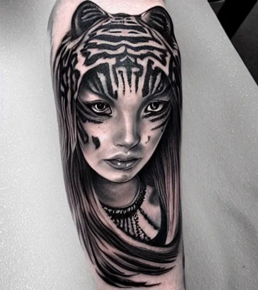 Image similar to tattoo design of a beautiful girl warrior under a tiger head, hyper realistic, realism tattoo, by eliot kohek, beautiful eyes, realistic face, black and white, white background