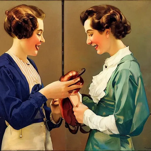 Prompt: two happy people exchanging items with each other, white background, painting, style of j. c. leyendecker