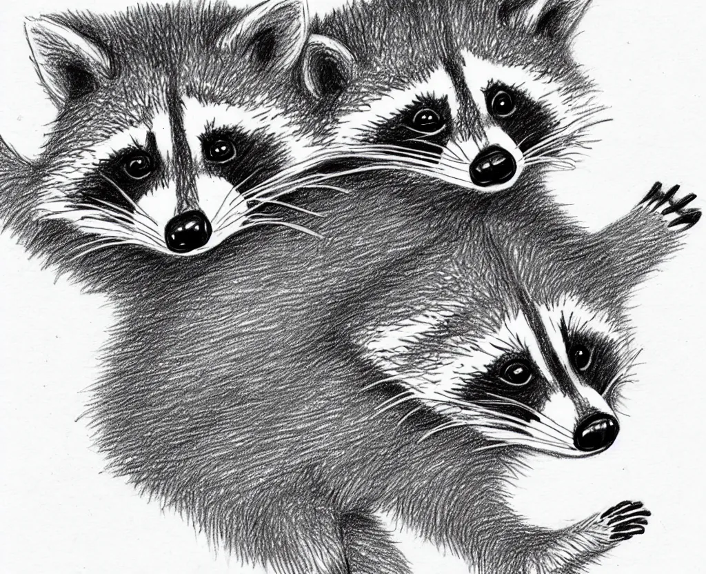 Image similar to detailed pencil sketch of a raccoon holding up and looking at a starfish, children's book