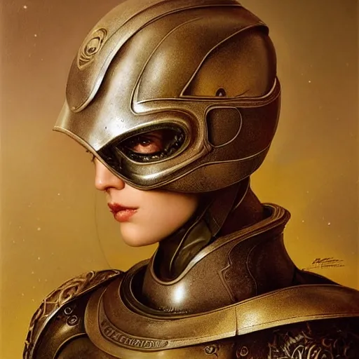 Image similar to tom bagshaw, curiosities carnival metal cables, photorealistic medium shot soft paint of a single beautiful female full long futuristic metallic armor ornate helmet, face, accurate features, focus, very intricate ultrafine details, award winning masterpiece