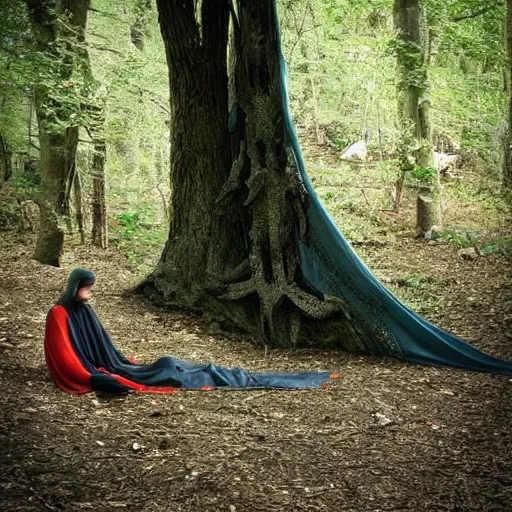 Prompt: lizard human nomad resting against a tree wearing a medieval cloak, photograph captured in the woods