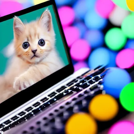Image similar to hyper realistic photograph of cute fluffy kittens in a keyboard using a laptop with colorful emoticons floating in the air