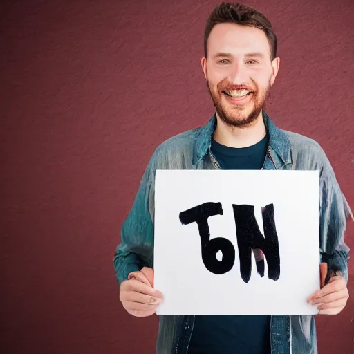 Image similar to man holding a thank you sign, madly grinning, studio light