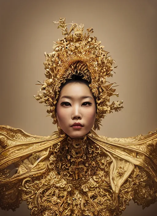 Image similar to a portrait of asian female by stefan geselle and nekro borja, hyper realistic, fantasy, elegant, baroque gold headpiece, photorealistic, canon r 3, photography, wide shot, symmetrical features, symmetrical pose, wide angle shot, head to toe, standing pose, feet on the ground, wearable art