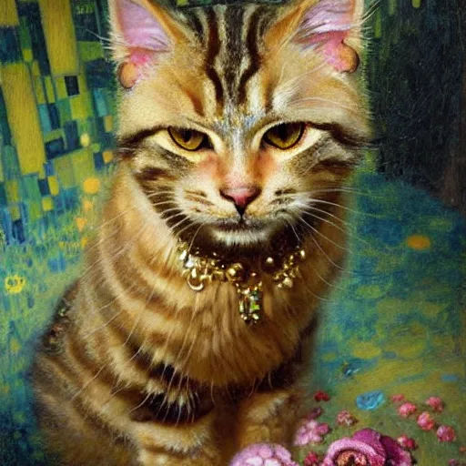 Image similar to portrait of a furry fluffy female tabby cat in a cute floral dress. shadowrun furaffiniy cyberpunk fantasy highly detailed painting by gaston bussiere craig mullins jc leyendecker gustav klimt artgerm greg rutkowski john berkey, bergey, craig mullins, ruan jia, raymond swanland, jeremy mann, tom lovell, alex malveda