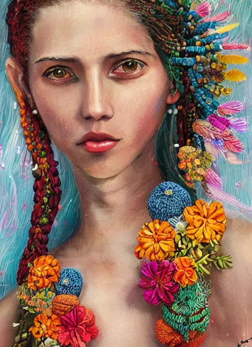 Image similar to beautiful portrait of a mediterranean female wearing fantastic Hand-dyed cotton dress, embellished beaded feather decorative fringe knots ,colorful pigtail,subtropical flowers and plants,symmetrical face,intricate,elegant, highly detailed, 8k,post-processing,digital painting, trending on pinterest, arper's bazaar,concept art, sharp focus, illustration, by artgerm,Tom Bagshaw,Lawrence Alma-Tadema,greg rutkowski,alphonse Mucha