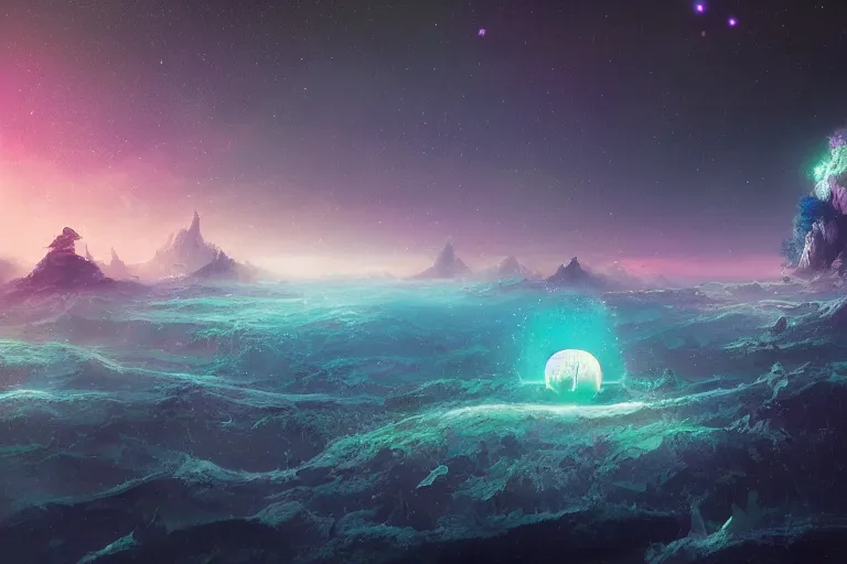 Prompt: glitched fantasy painting, the night sky is an upside down ocean, the stars are fish in the depths, the night sky is a sea, distant nebula are glowing algae, the moon is an anglerfish by jessica rossier