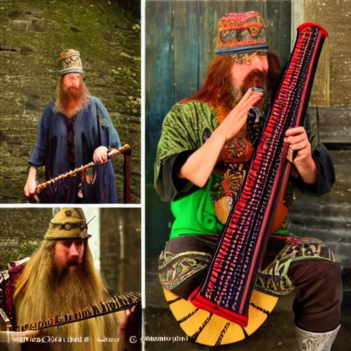 Prompt: Varg Virkenes as crazy bard, playing the nyckelharpa in his beautiful house, hyper detailed, hyper realistic, flavour of magick, full of earthly colours with some neon accents