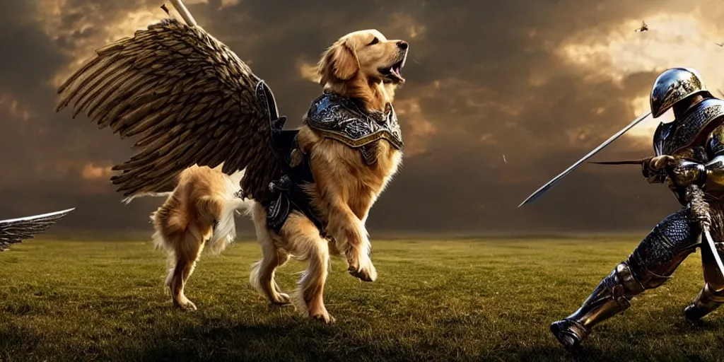 Prompt: golden retriever in medieval armor with wings and sword epic battle, photorealistic ultra detail quality shot from michael bay movie