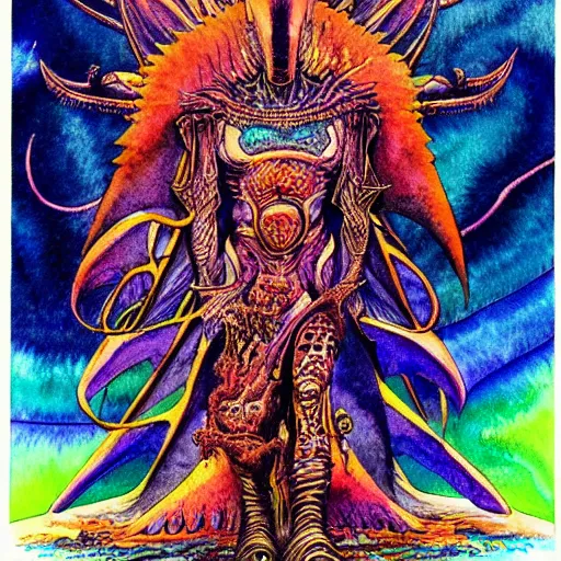 Prompt: marduk, devourer of worlds, detailed watercolor art by moebius on dmt and shrooms