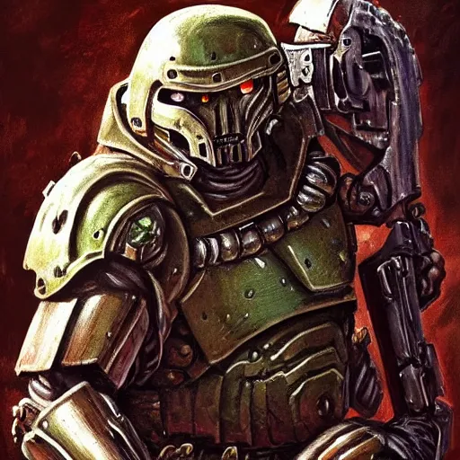 Image similar to portrait of a doomguy from doom, in his battle armor. he's a bodybuilder. visible biceps. gritty cyberpunk, messy blood. skeletons, corpses, monsters, bloated warhammer creatures. combat armor, exoskeleton. game cinematic still. digital illustration by frank frazetta. oil painting, highly detailed, centered, artgerm