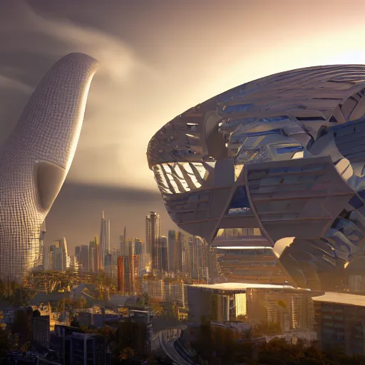 Image similar to utopian future city with amazing modern architecture, parametric design, highly detailed, photorealistic portrait, bright studio setting, studio lighting, crisp quality and light reflections, unreal engine 5 quality render