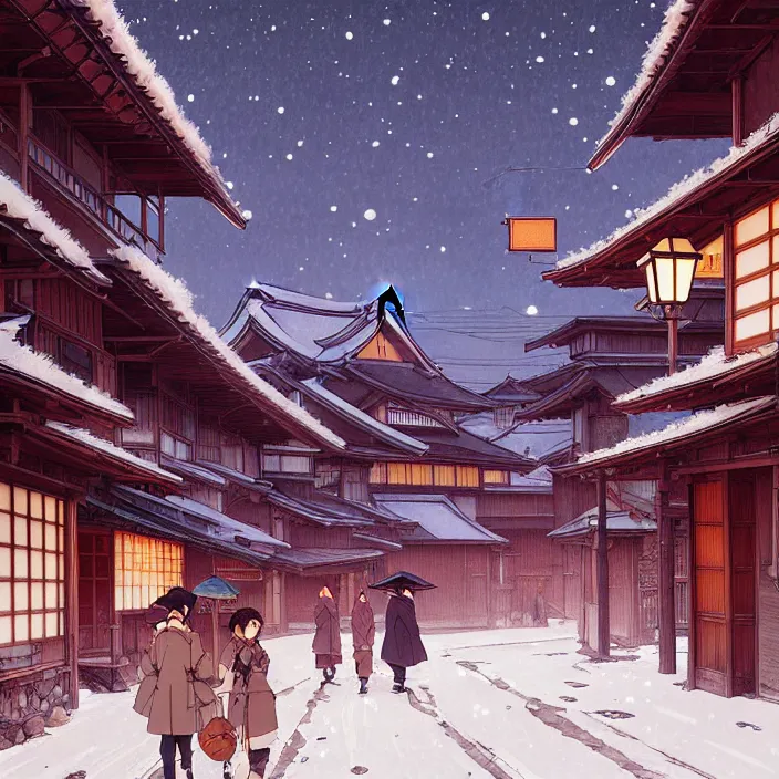 Image similar to empty rural japanese town at night, winter, in the style of studio ghibli, j. c. leyendecker, greg rutkowski, artem