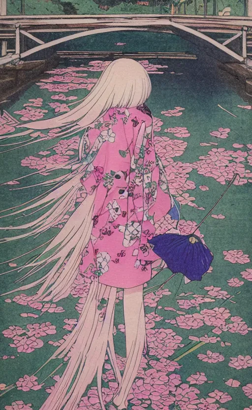 Image similar to by akio watanabe, manga art, a pink hair girl walking on wooden lake bridge and iris flowers, trading card front, kimono, realistic anatomy