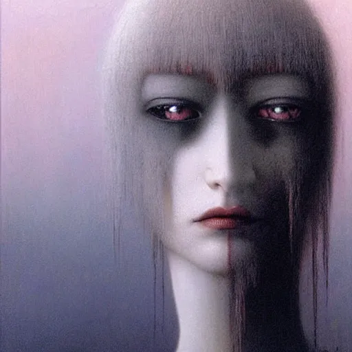 Image similar to beautiful palewhite maneater girl with black hairs by beksinski