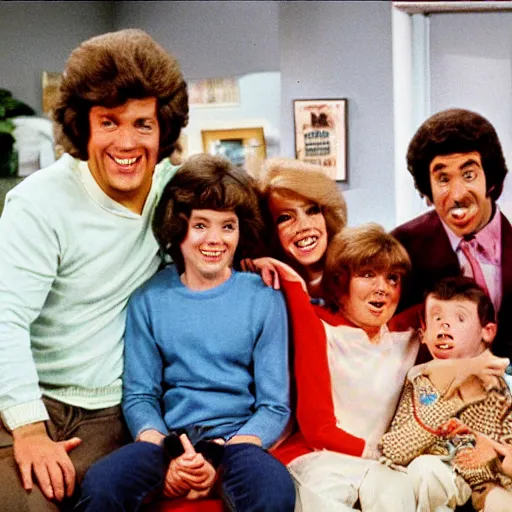 Image similar to vintage 1 9 8 0's sitcom, a happy photogenic family and a large giant evil wet slimy detailed monstrous demon creature inside a 1 9 8 0's sitcom living room