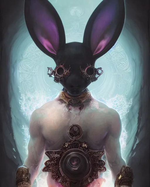 Image similar to Black rabbit monk, centered, portrait, symmetrical, Path of Exile, Diablo, Warhammer, digital painting, highly detailed, concept art, Nekro, Peter Mohrbacher, Alphonse Mucha, Brian Froud, Yoshitaka Amano, Kim Keever, Victo Ngai, James Jean