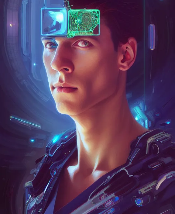 Image similar to a whirlwind inside the metaverse, guy, male, man, hologram, half body, neurochip, android, cyborg, cyberpunk face, by loish, d & d, fantasy, intricate, elegant, highly detailed, colorful, digital painting, artstation, concept art, art by artgerm and greg rutkowski and alphonse mucha