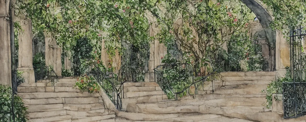 Prompt: isomeric view, stairway, chairs, wrought iron gates, tree, delicate water in a botanic garden, garden road, temple in a botanical herbarium paper, watercolor colored painting, iridescent colors, realistic shaded, fine details, artstation, italian style, colonnade, huge flowers, architecture