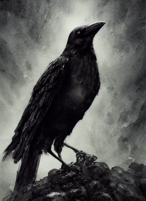 Image similar to portrait, The crow that watches over the souls of the dead, watercolor, dramatic lighting, cinematic, establishing shot, extremely high detail, foto realistic, cinematic lighting, pen and ink, intricate line drawings, by Yoshitaka Amano, Ruan Jia, Kentaro Miura, Artgerm, post processed, concept art, artstation, matte painting, style by eddie mendoza, raphael lacoste, alex ross