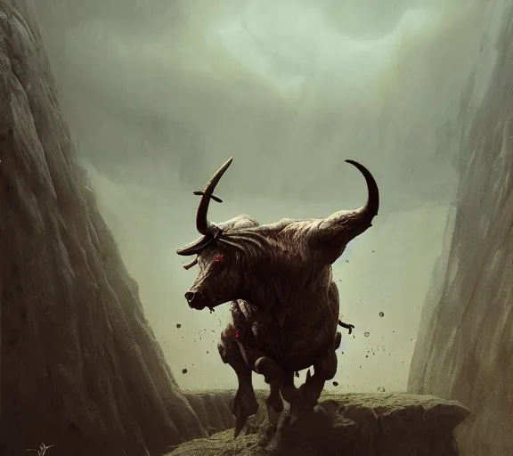 Prompt: minotaur concept, bull headed, full body concept, beksinski, wayne barlowe, adrian smith fantasy art, the hobbit art, lord of the ring art, the witcher concept art, trending on artstation, game of throne art