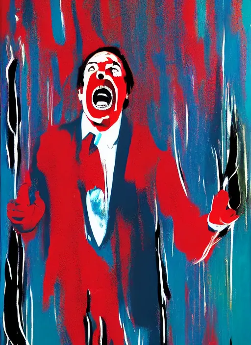 Image similar to saul goodman, screaming, multimedia painting by david lynch,'action lines '!!!, graphic style, visible brushstrokes, motion blur, blurry