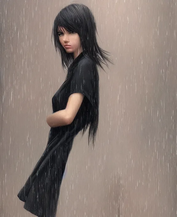 Image similar to an ultradetailed beautiful portrait painting of a stylish girl standing in the rain, side view, oil painting, high resolution, by ilya kuvshinov, greg rutkowski and makoto shinkai