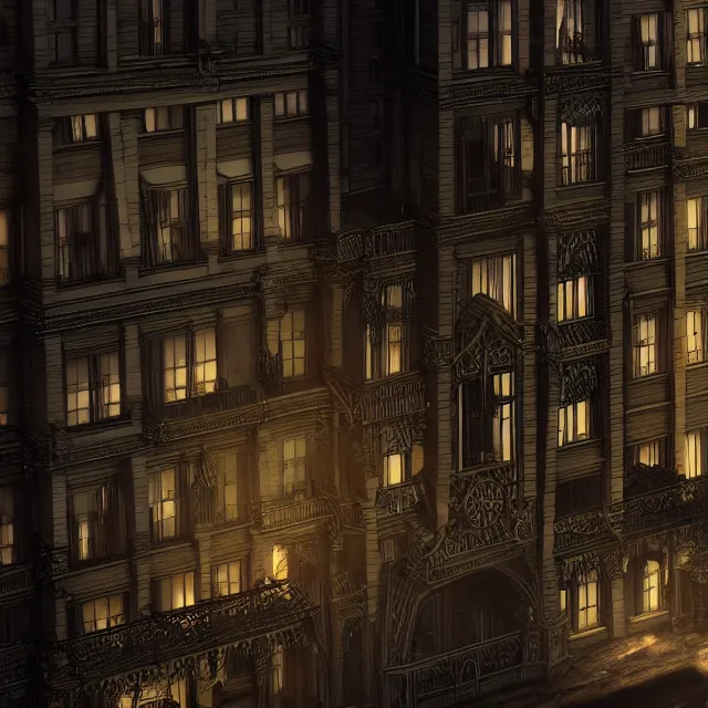 Image similar to action scene painting of a 1 9 2 0 s gothic style hotel in downtown boston, overlooking a dark street, architectural, atmospheric lighting, brooding, painted, intricate, ultra detailed, well composed, best on artstation, cgsociety, epic, horror, stunning, gorgeous, intricate detail, much wow, masterpiece, cinematic aesthetic octane render, 8 k hd resolution,