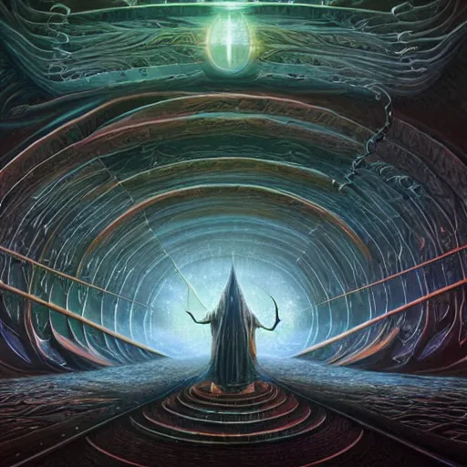 Image similar to a highly advanced quantum computer!!! a dark cabal of multiple hooded elven mystics in long robes gathered in a circular formation around a quantum computer, advanced technology, dan seagrave, michael whelan art, beautifully detailed epic scifi art, symmetrical, cgsociety, artstation